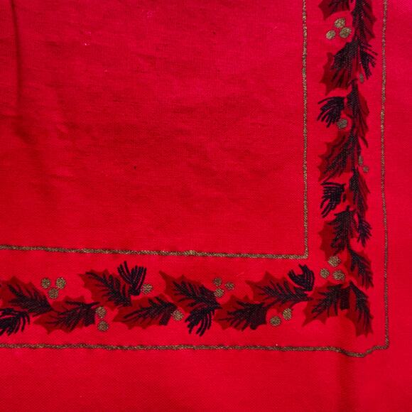 Vintage Christmas Holiday rectangle Tablecloth red gold leaves white pinecones - Picture 5 of 9
